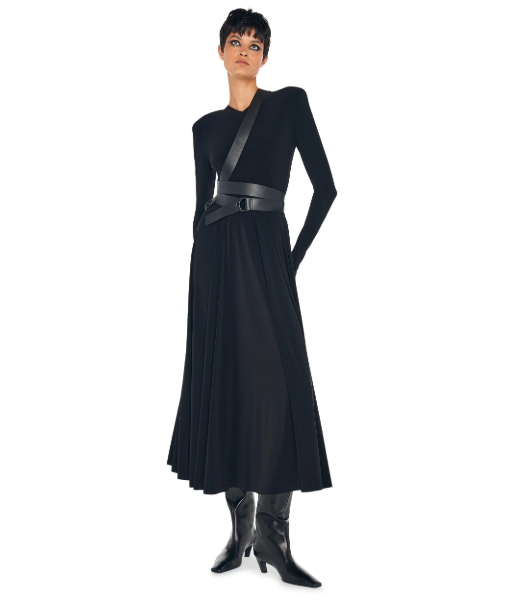 Black Ls Shoulder Pad V Neck Flared Dress to Midcalf