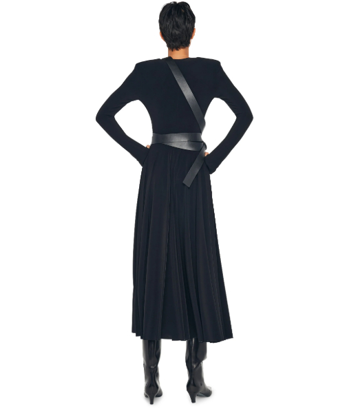 Black Ls Shoulder Pad V Neck Flared Dress to Midcalf