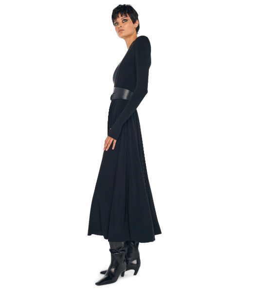 Black Ls Shoulder Pad V Neck Flared Dress to Midcalf