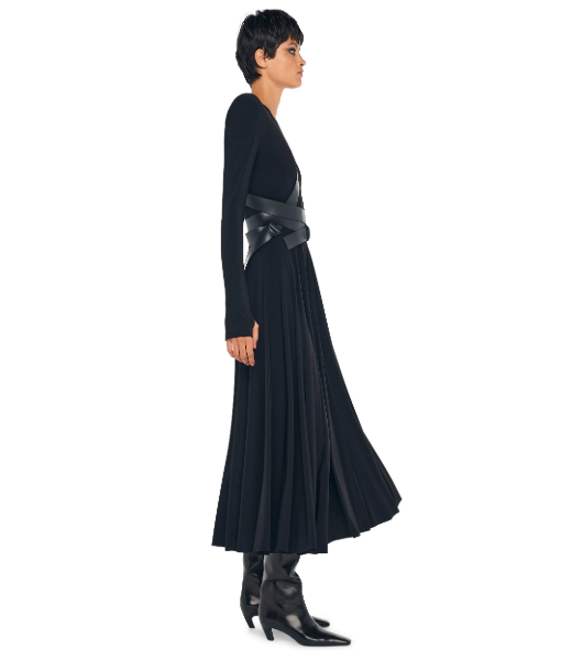 Black Ls Shoulder Pad V Neck Flared Dress to Midcalf