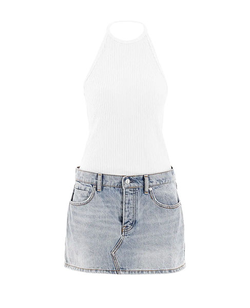 ALEXANDER WANG HYBRID HALTER DRESS - WHITE RIB W LIGHT INDIGO BLE