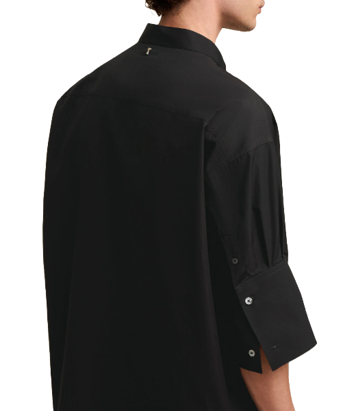 Mao Collar Oversize Black Cotton Poplin Shirt
