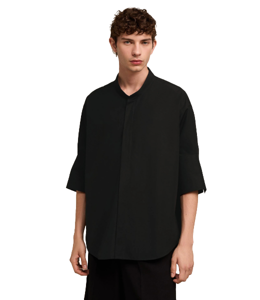 Mao Collar Oversize Black Cotton Poplin Shirt