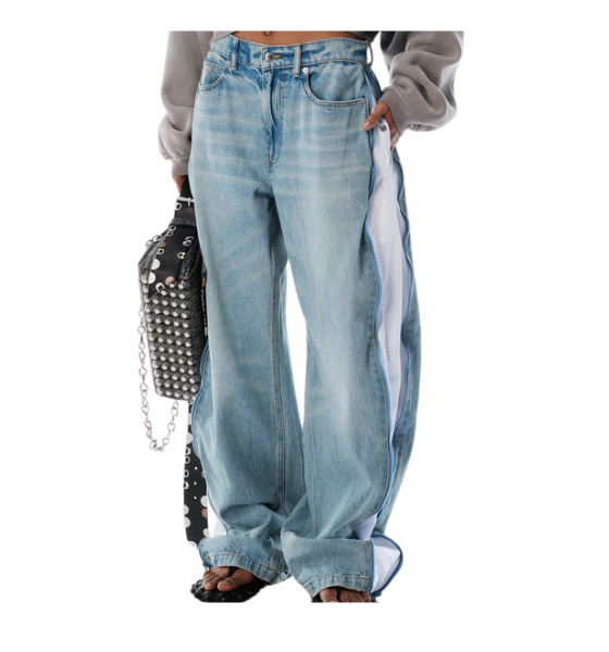 Bleach Blue Denim And Mesh Zipper Pants Regular