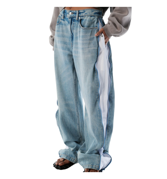 Bleach Blue Denim And Mesh Zipper Pants Regular