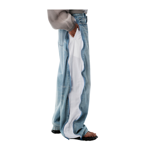 Bleach Blue Denim And Mesh Zipper Pants Regular