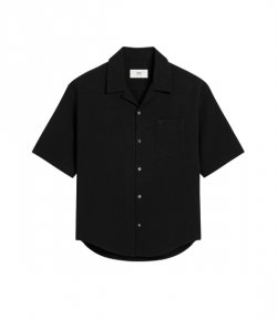 Black Cotton Camp Collar Short Sleeves Shirt