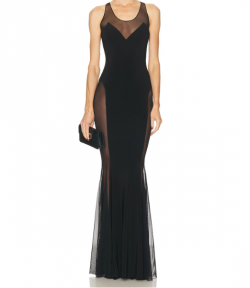 Black Low Back Racer Fishtail Gown With Mesh Sides