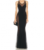 Black Low Back Racer Fishtail Gown With Mesh Sides