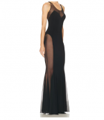 Black Low Back Racer Fishtail Gown With Mesh Sides