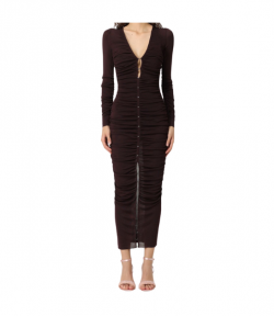 Brown Gathered Knit Midi Dress