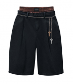 Faded Black Prestyled Pleated Shorts With Chain Belt