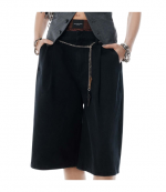 Faded Black Prestyled Pleated Shorts With Chain Belt