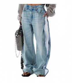 Bleach Blue Denim And Mesh Zipper Pants Regular
