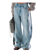 Bleach Blue Denim And Mesh Zipper Pants Regular