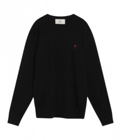 Black Crewneck Sweater With Contrasted Ami De Coeur Merino Wool Knit