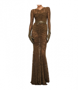 Olive Long Sleeve V Neck Shirred Front Fishtail Gown