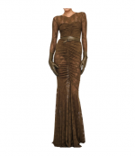 Olive Long Sleeve V Neck Shirred Front Fishtail Gown