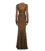 Olive Long Sleeve V Neck Shirred Front Fishtail Gown