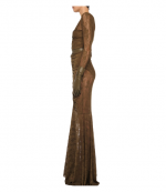 Olive Long Sleeve V Neck Shirred Front Fishtail Gown