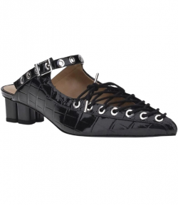 Black Eyelets Lace Up Mule Shiny