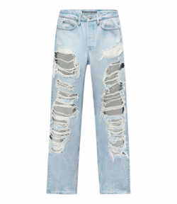 Light Bleach Distressed Straight Jeans Backed W/ Knit
