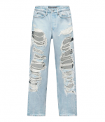 Light Bleach Distressed Straight Jeans Backed W/ Knit