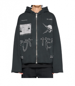 Black/White Raw Cut Zip Commission Dirty Hoodie