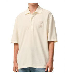 White Cream Super Light Pique Boxy Fit Ami De Coeur Knitted Patch Polo Shirt