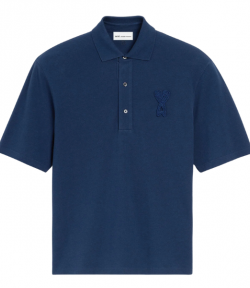 Blue Ink Super Light Pique Boxy Fit Ami De Coeur Knitted Patch Polo Shirt