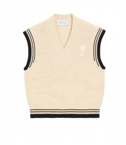 White Cream Wool Cotton Sleeveless Sweater Ami De Coeur V Neck Ribbed College Knit