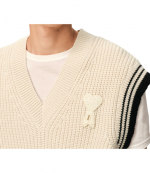 White Cream Wool Cotton Sleeveless Sweater Ami De Coeur V Neck Ribbed College Knit