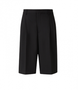 Black Two Pleats Wide Bermuda Wool Shorts
