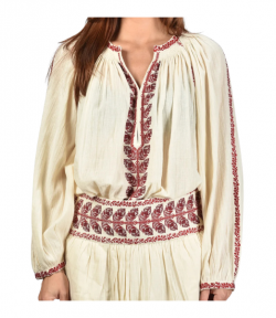 Beige/Red Lena Embroidered Cotton Blouse