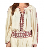 Beige/Red Lena Embroidered Cotton Blouse