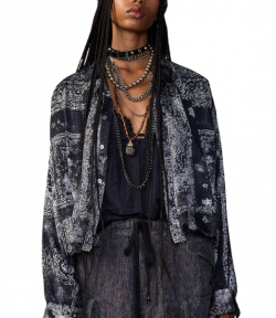 Black Multi Medallion Silk Bubble Shirt With Gathered Yoke