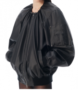 Black Leather Scoop Neck Gathered Bomber Jacket