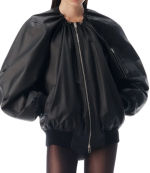 Black Leather Scoop Neck Gathered Bomber Jacket