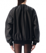 Black Leather Scoop Neck Gathered Bomber Jacket
