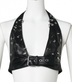 Black Leather Pierce Halter Top