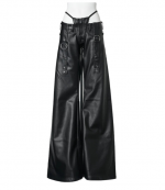 Black Leather Belted Thong Pants