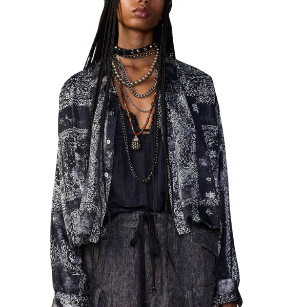 Black Multi Medallion Silk Bubble Shirt With Gathered Yoke