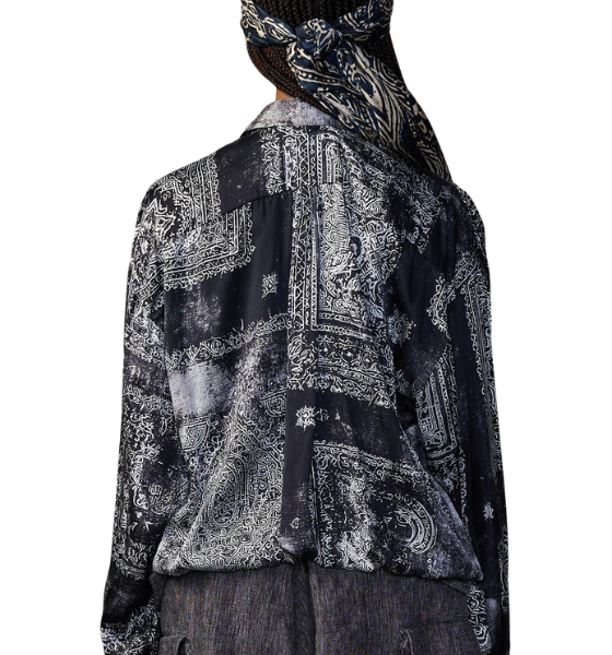Black Multi Medallion Silk Bubble Shirt With Gathered Yoke