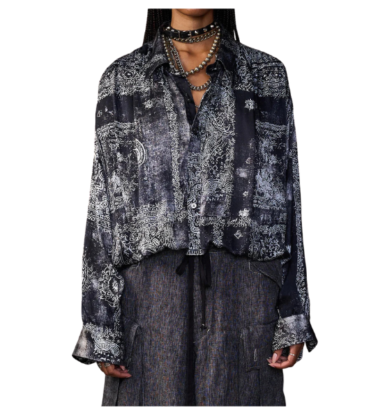 Black Multi Medallion Silk Bubble Shirt With Gathered Yoke