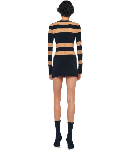 Sliced Long Sleeve Pickleball Black Nude Mesh Mini Dress