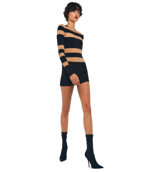 Sliced Long Sleeve Pickleball Black Nude Mesh Mini Dress