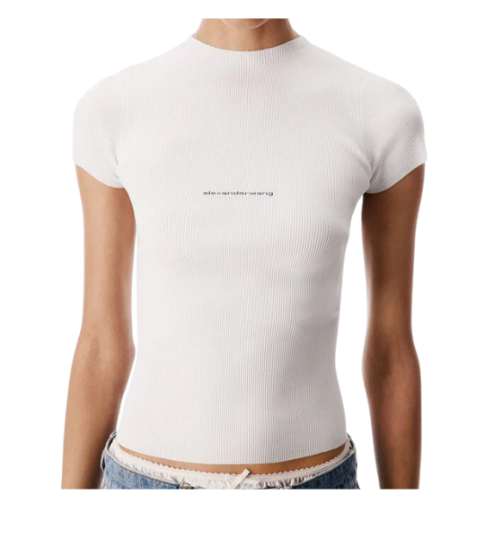 White SS Crewneck Top W/ Jacquard Logo