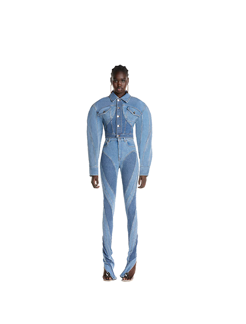 Slited Bi-Material Spiral Jeans