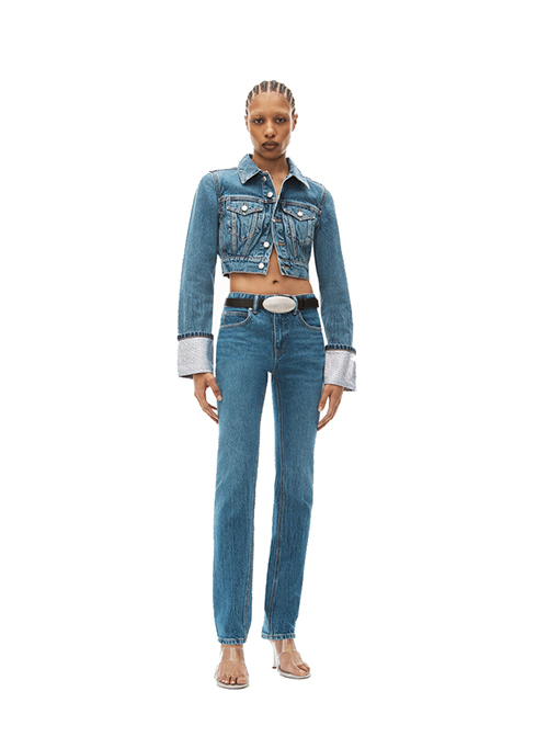 Denim Shrunken Trucker Jacket Crystal Cuff
