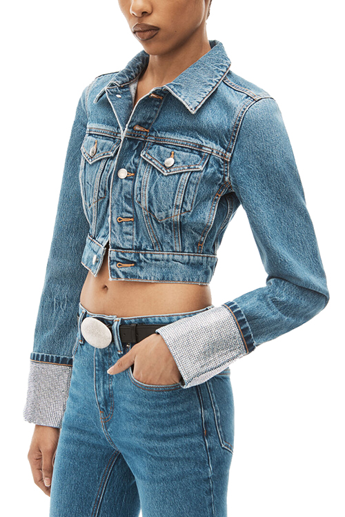 Denim Shrunken Trucker Jacket Crystal Cuff
